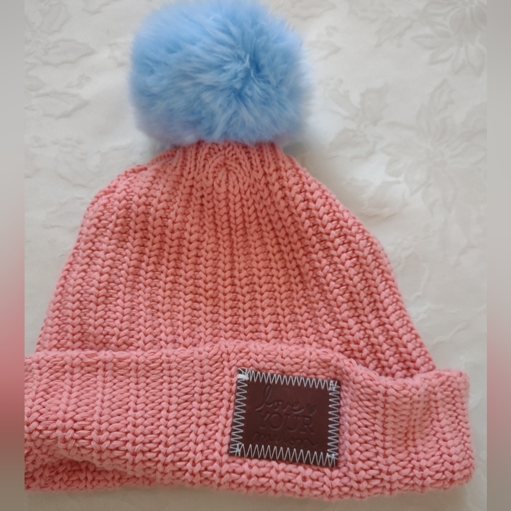 Love Your Melon Beanie Faux Fur Blue Pom Leather Patch